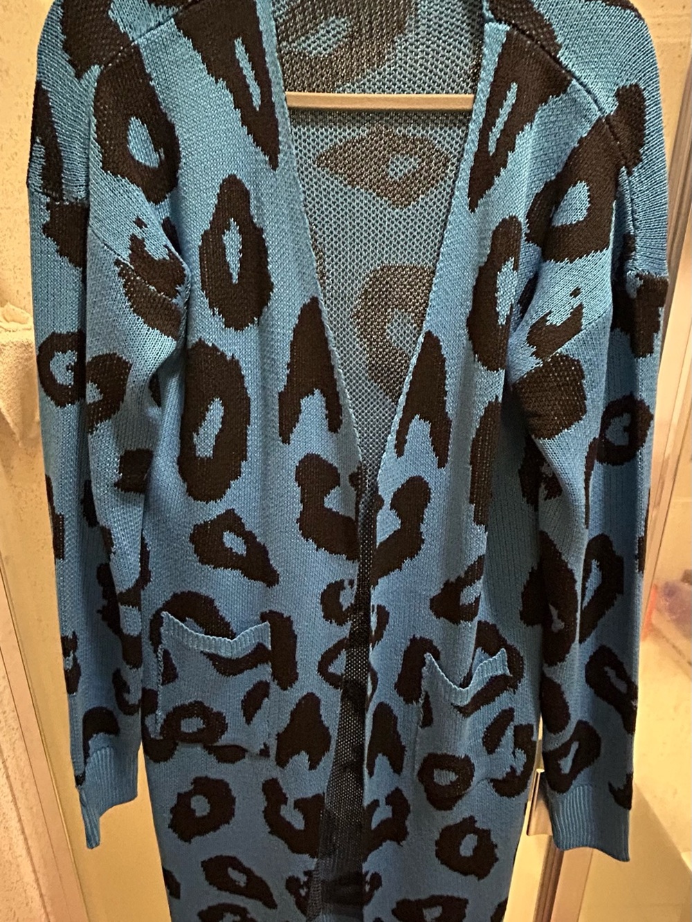 Blue and Black Leopard Print Open-Front Cardigan